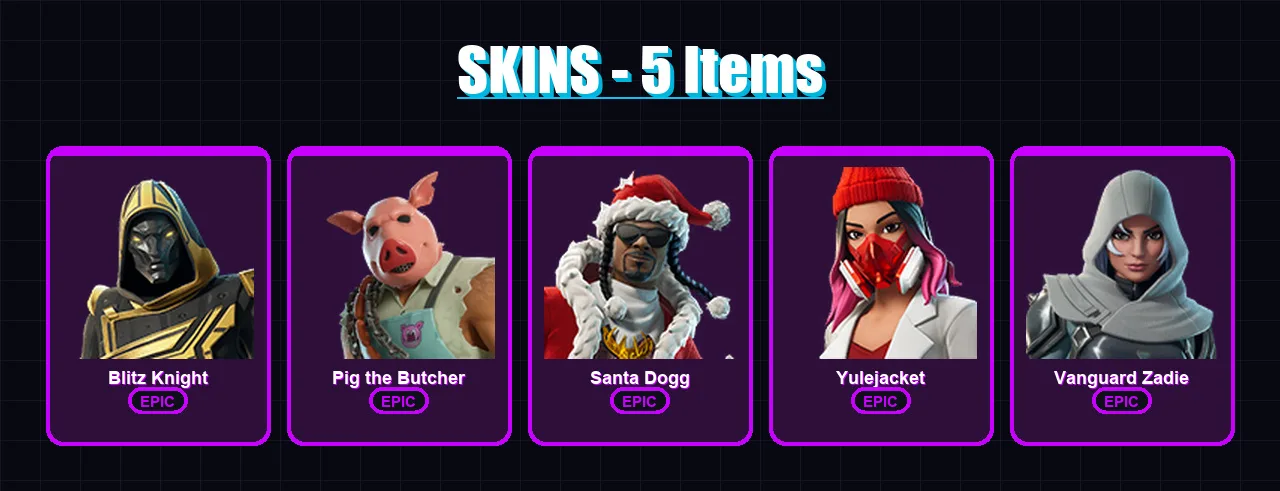 [PS4/PS5/XBOX/PC] | Blitz Knight | Pig the Butcher | Santa Dogg | Yulejacket | Vanguard Zadie | 5 skin | 51 pickaxe | 19 emote | 27 glider | Lv407