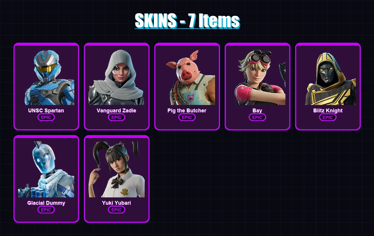 [PC/XBOX/PSN] | UNSC Spartan | Vanguard Zadie | Pig the Butcher | Bay | Blitz Knight | 7 skin | 68 pickaxe | 26 emote | 38 glider | Lv997