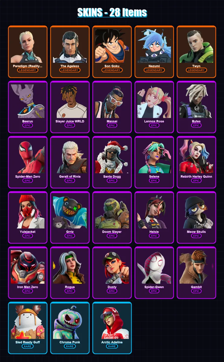[PC/XBOX] | Paradigm (Reality-659) | The Ageless | Son Goku | Nezumi | Twyn | 28 skin | 32 pickaxe | 23 emote | 24 glider | Lv290