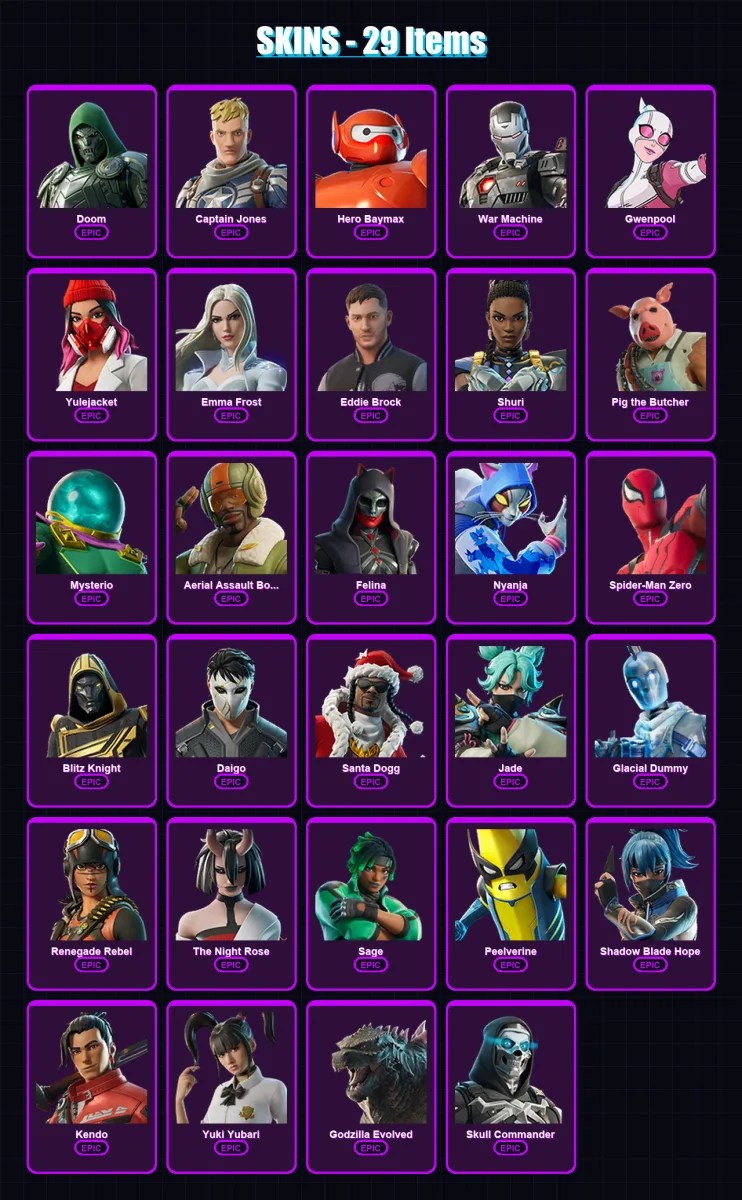 [PC/XBOX] | Doom | Captain Jones | Hero Baymax | War Machine | Gwenpool | 29 skin | 87 pickaxe | 45 emote | 60 glider | Lv1174