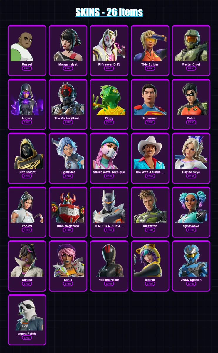 [PC/XBOX/PSN] | Russel | Morgan Myst | Riftreaver Drift | Tide Strider | Master Chief | 26 skin | 33 pickaxe | 28 emote | 24 glider | Lv220