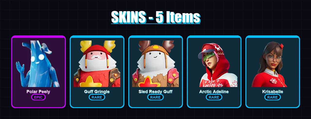 [PC/XBOX/PSN] | Polar Peely | Guff Gringle | Sled Ready Guff | Arctic Adeline | Krisabelle | 5 skin | 14 pickaxe | 10 emote | 15 glider | Lv140
