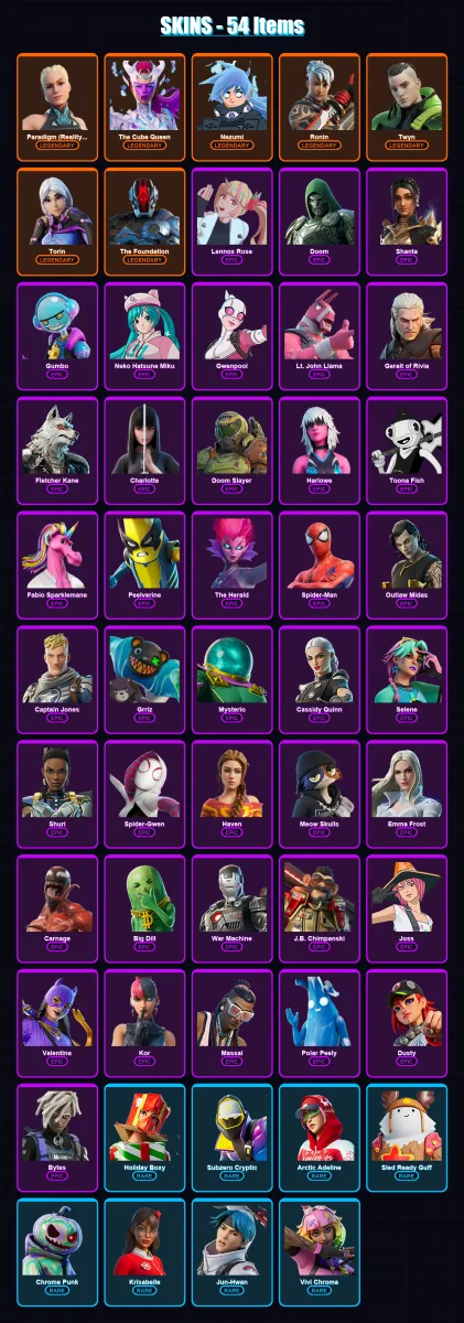 [PS4/PS5/XBOX/PC] | Paradigm (Reality-659) | The Cube Queen | Nezumi | Ronin | Twyn | 54 skin | 105 pickaxe | 63 emote | 91 glider | Lv1300