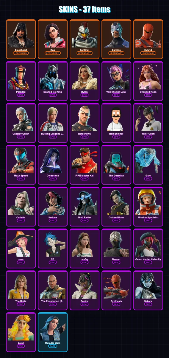 [PC/PSN] | Blackheart | Rox | Sentinel | Carbide | Hybrid | 37 skin | 28 pickaxe | 19 emote | 13 glider | Lv141