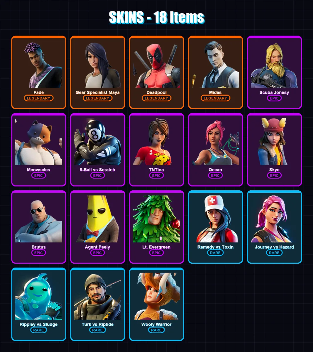 [PC/PSN] | Fade | Gear Specialist Maya | Deadpool | Midas | Scuba Jonesy | 18 skin | 22 pickaxe | 21 emote | 21 glider | Lv298