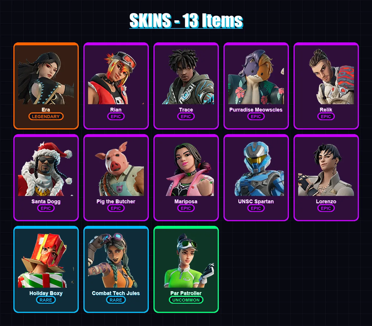 [PS4/PS5/XBOX/PC] | Era | Rian | Trace | Purradise Meowscles | Relik | 13 skin | 44 pickaxe | 22 emote | 30 glider | Lv330 — Fortnite account