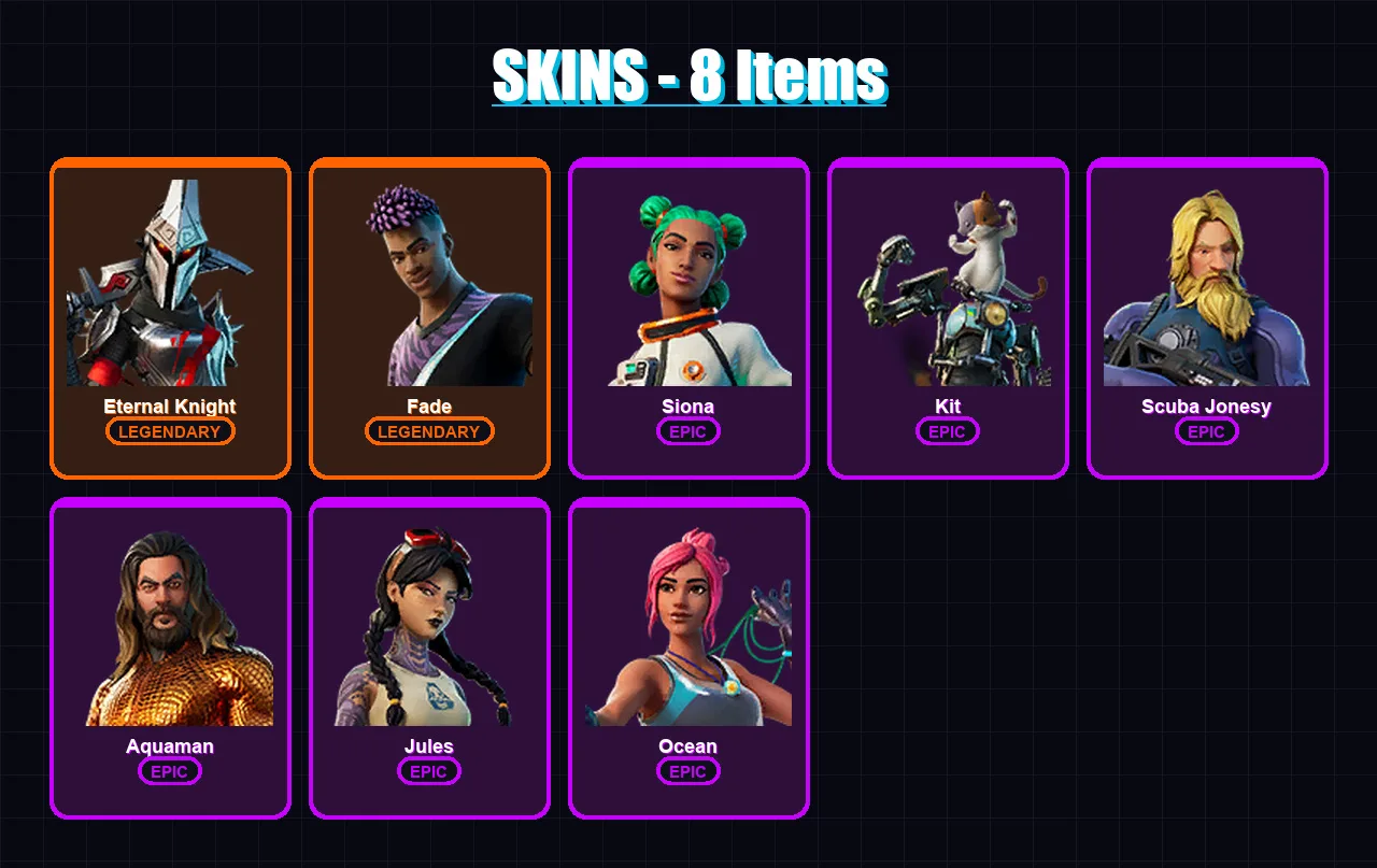 [PC/XBOX/PSN] | Eternal Knight | Fade | Siona | Kit | Scuba Jonesy | 8 skin | 9 pickaxe | 13 emote | 12 glider | Lv104
