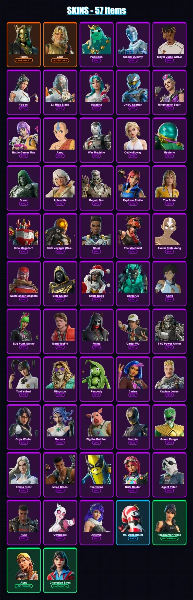 [PC/PSN] | Hades | Zeus | Poseidon | Glacial Dummy | Slayer Juice WRLD | 57 skin | 117 pickaxe | 69 emote | 74 glider | Lv1371
