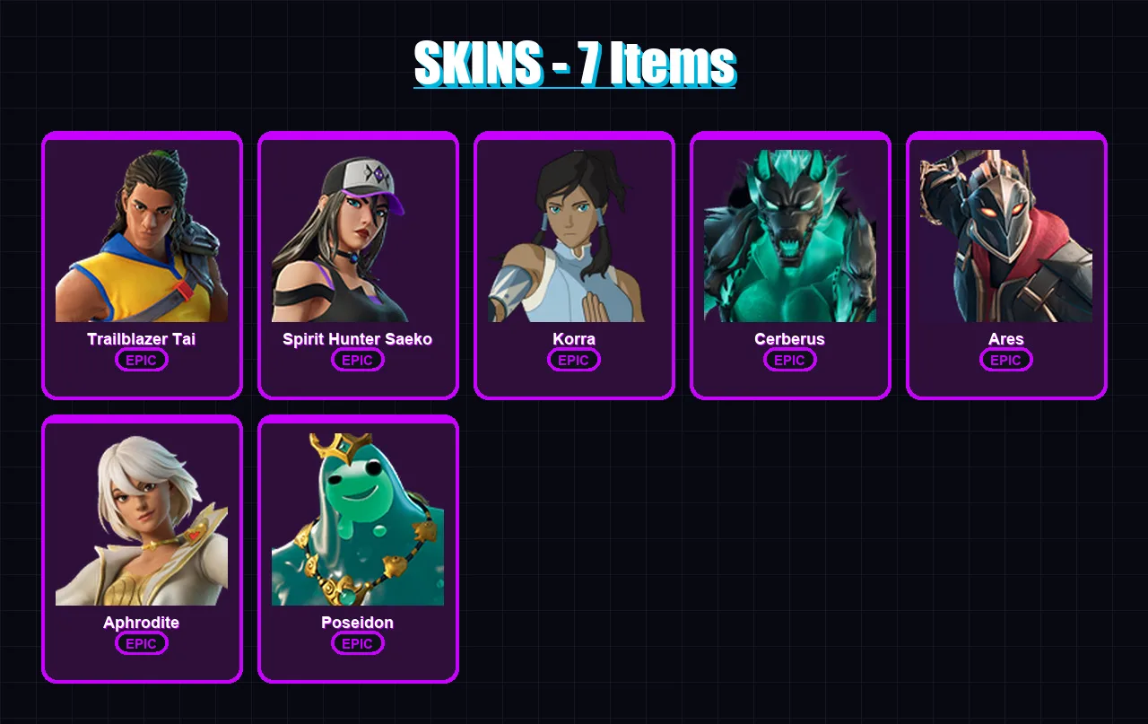 [PC/XBOX/PSN] | Trailblazer Tai | Spirit Hunter Saeko | Korra | Cerberus | Ares | 7 skin | 9 pickaxe | 10 emote | 8 glider | Lv67