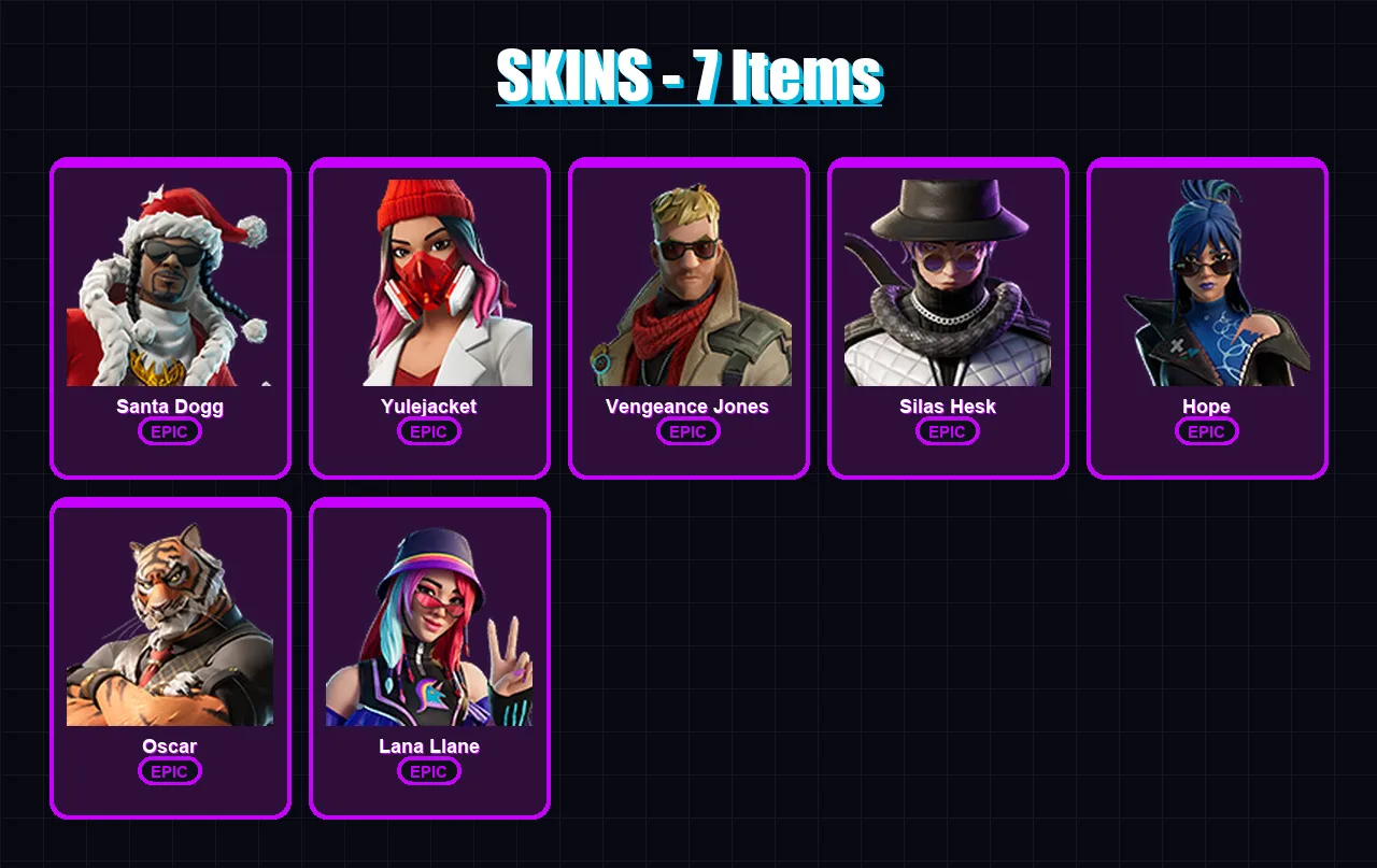 [PC/XBOX/PSN] | Santa Dogg | Yulejacket | Vengeance Jones | Silas Hesk | Hope | 7 skin | 18 pickaxe | 7 emote | 11 glider | Lv90