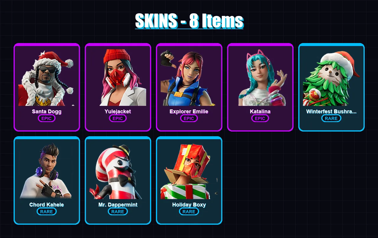 [PC/XBOX/PSN] | Santa Dogg | Yulejacket | Explorer Emilie | Katalina | Winterfest Bushranger | 8 skin | 22 pickaxe | 10 emote | 13 glider | Lv121