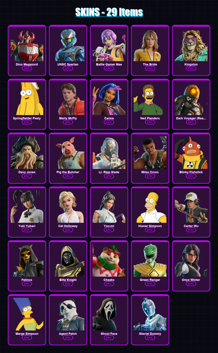 [PC/XBOX/PSN] | Dino Megazord | UNSC Spartan | Battle Gamer Mae | The Bride | Kingston | 29 skin | 59 pickaxe | 36 emote | 36 glider | Lv778