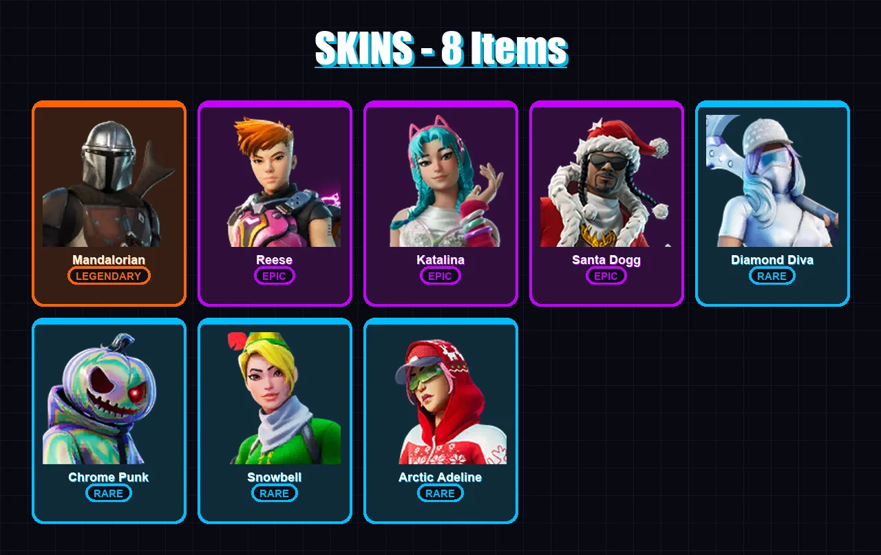 [PC/XBOX/PSN] | Mandalorian | Reese | Katalina | Santa Dogg | Diamond Diva | 8 skin | 21 pickaxe | 21 emote | 18 glider | Lv270
