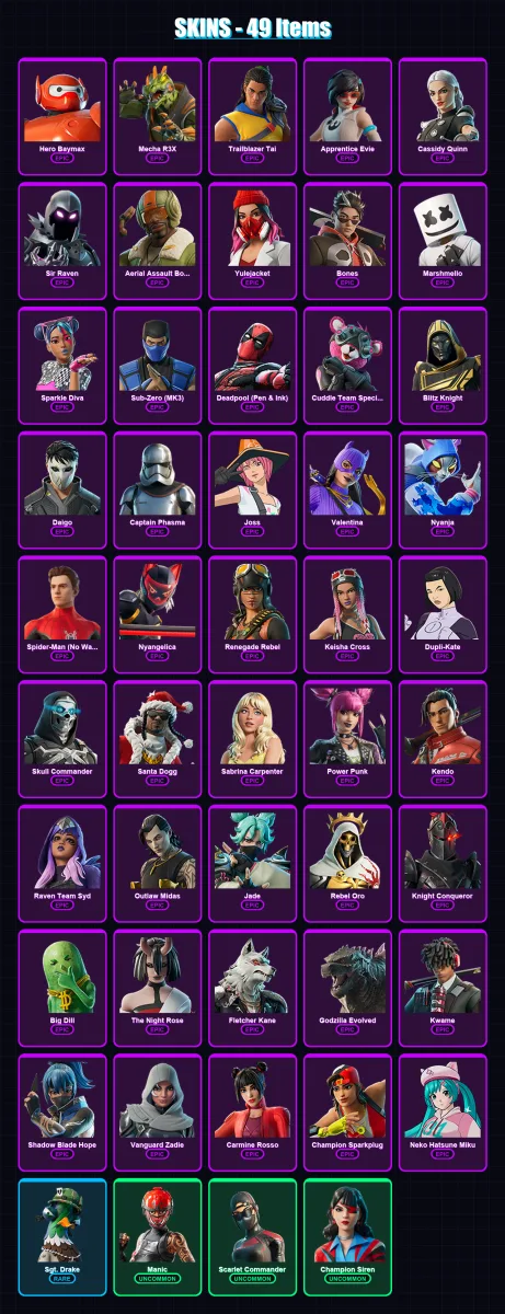 [PC/XBOX/PSN] | Hero Baymax | Mecha R3X | Trailblazer Tai | Apprentice Evie | Cassidy Quinn | 49 skin | 61 pickaxe | 51 emote | 40 glider | Lv718