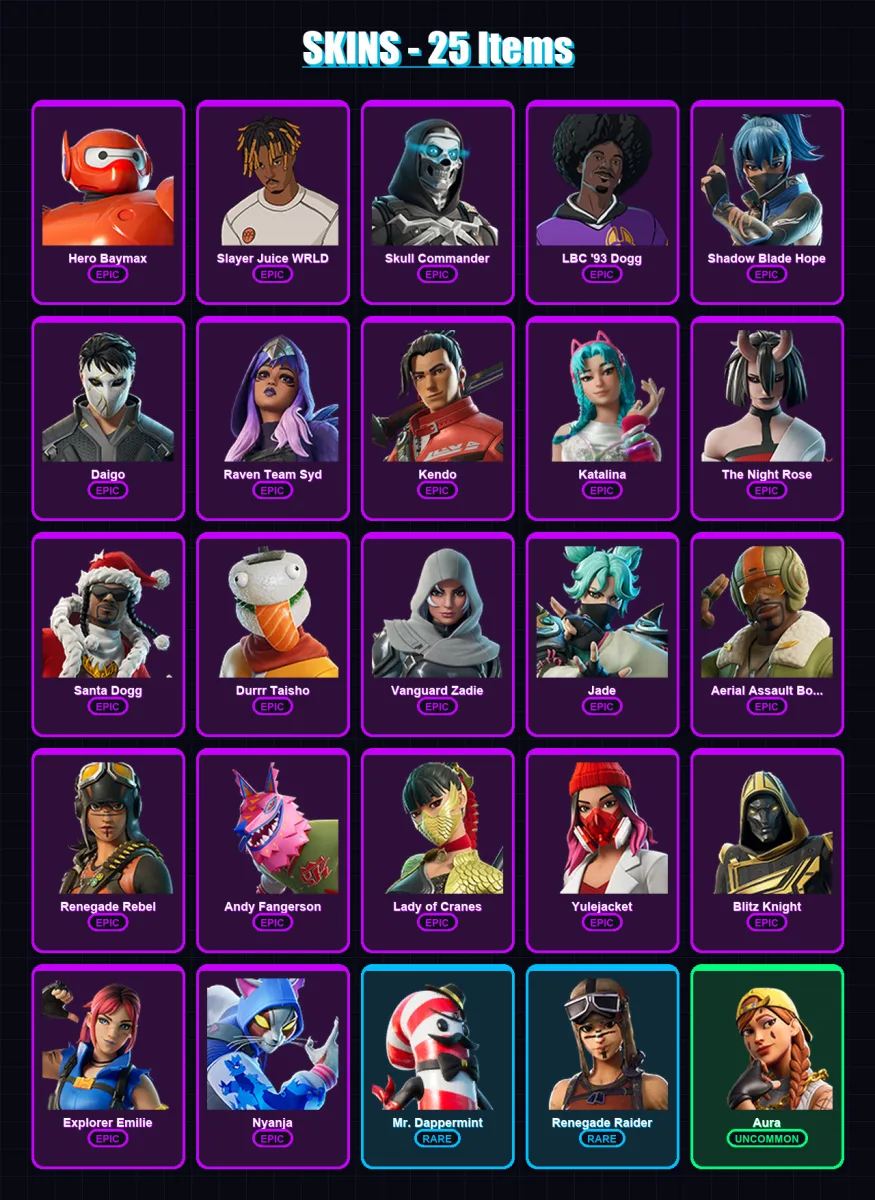[PC/XBOX] | Hero Baymax | Slayer Juice WRLD | Skull Commander | LBC '93 Dogg | Shadow Blade Hope | 25 skin | 49 pickaxe | 27 emote | 29 glider | Lv3