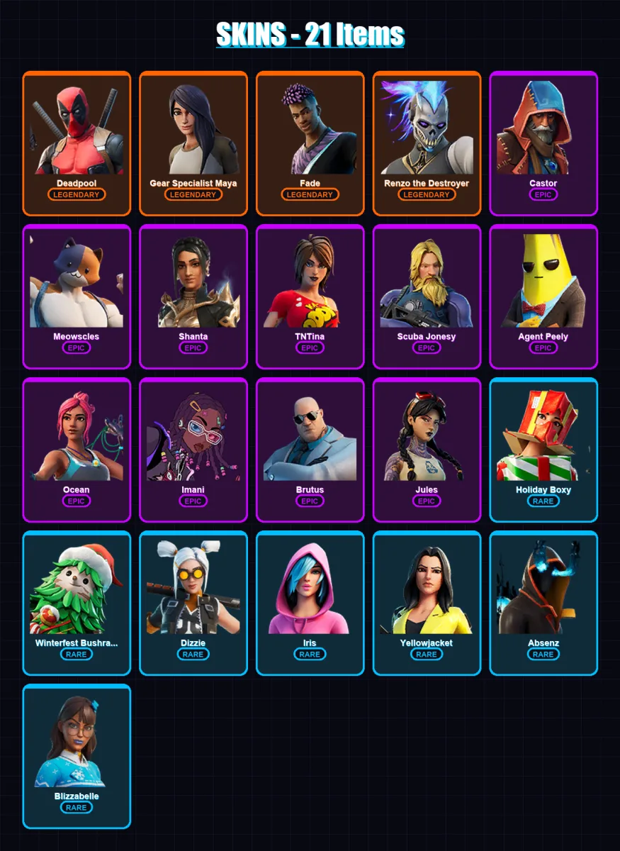[PC/PSN] | Deadpool | Gear Specialist Maya | Fade | Renzo the Destroyer | Castor | 21 skin | 25 pickaxe | 17 emote | 26 glider | Lv223