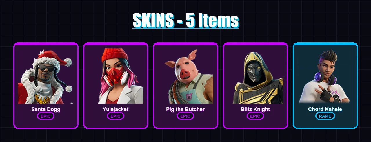 [PC/XBOX] | Santa Dogg | Yulejacket | Pig the Butcher | Blitz Knight | Chord Kahele | 5 skin | 35 pickaxe | 15 emote | 22 glider | Lv298