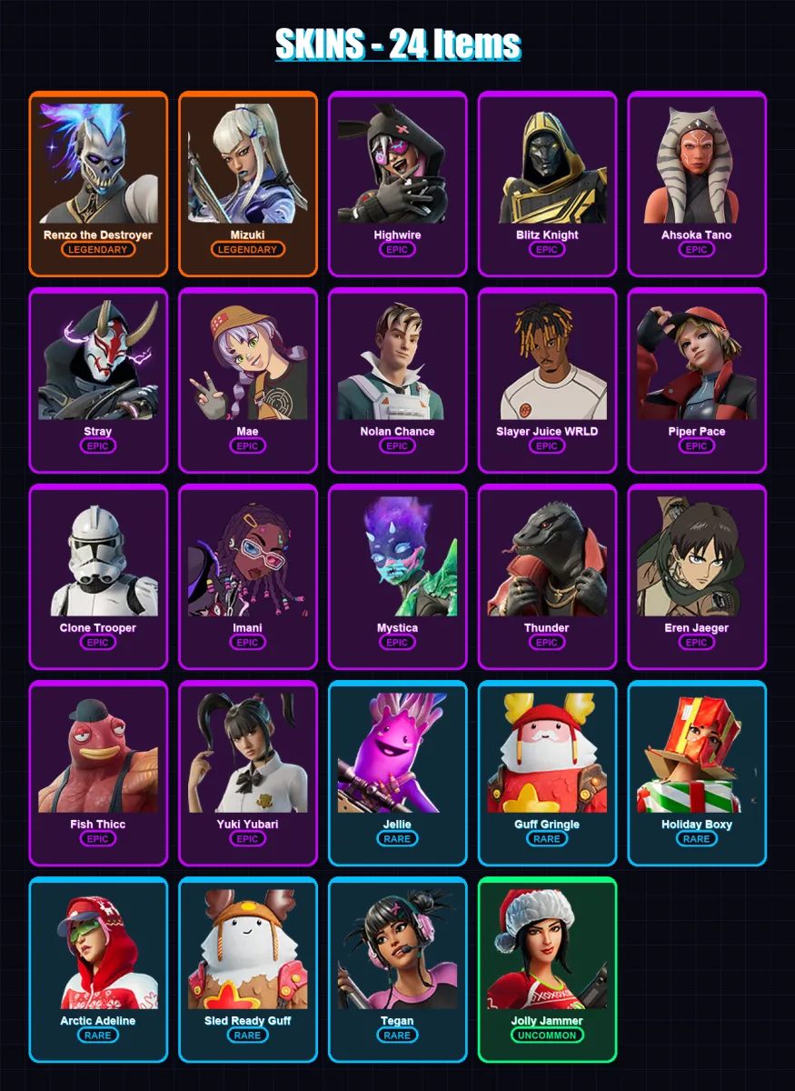 [PC] | Renzo the Destroyer | Mizuki | Highwire | Blitz Knight | Ahsoka Tano | 24 skin | 82 pickaxe | 37 emote | 54 glider | Lv745