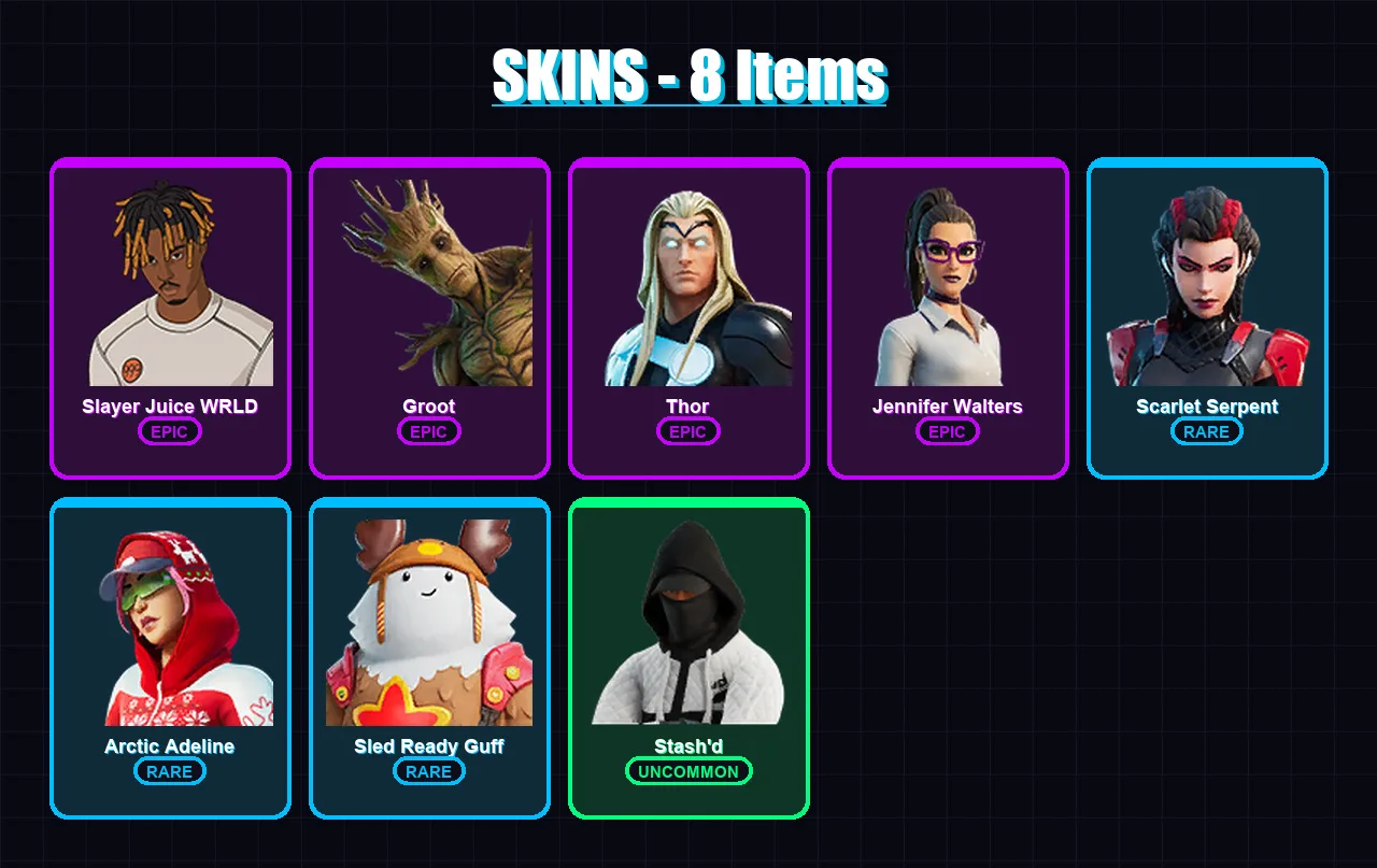 [PC/PSN] | Slayer Juice WRLD | Groot | Thor | Jennifer Walters | Scarlet Serpent | 8 skin | 25 pickaxe | 13 emote | 26 glider | Lv345