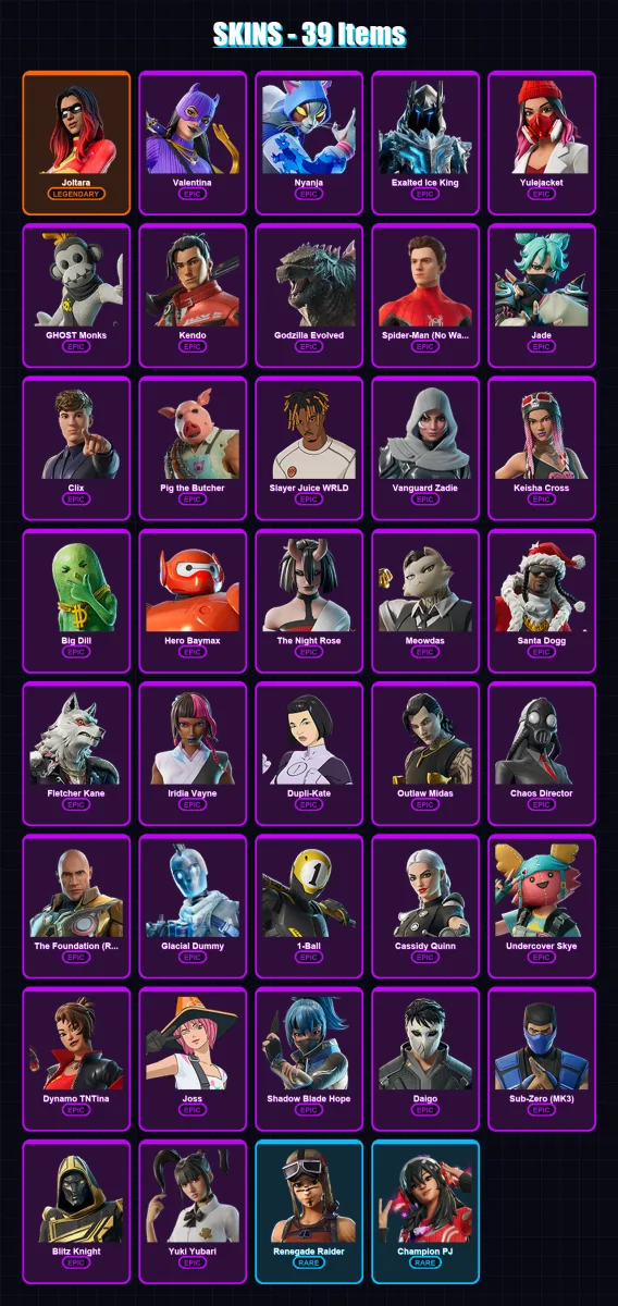 [SWITCH/XBOX/PSN/PC] | Joltara | Valentina | Nyanja | Exalted Ice King | Yulejacket | 39 skin | 88 pickaxe | 46 emote | 56 glider | Lv947