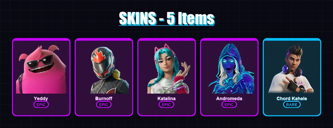[PC/XBOX/PSN] | Yeddy | Burnoff | Katalina | Andromeda | Chord Kahele | 5 skin | 12 pickaxe | 7 emote | 11 glider | Lv96