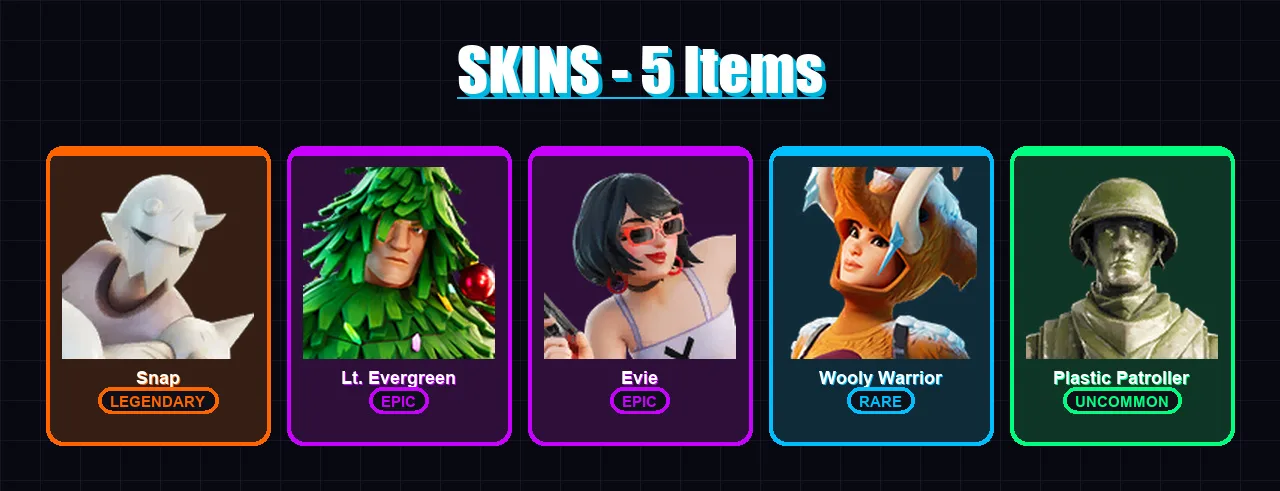 [PC/PSN] | Snap | Lt. Evergreen | Evie | Wooly Warrior | Plastic Patroller | 5 skin | 23 pickaxe | 14 emote | 22 glider | Lv359