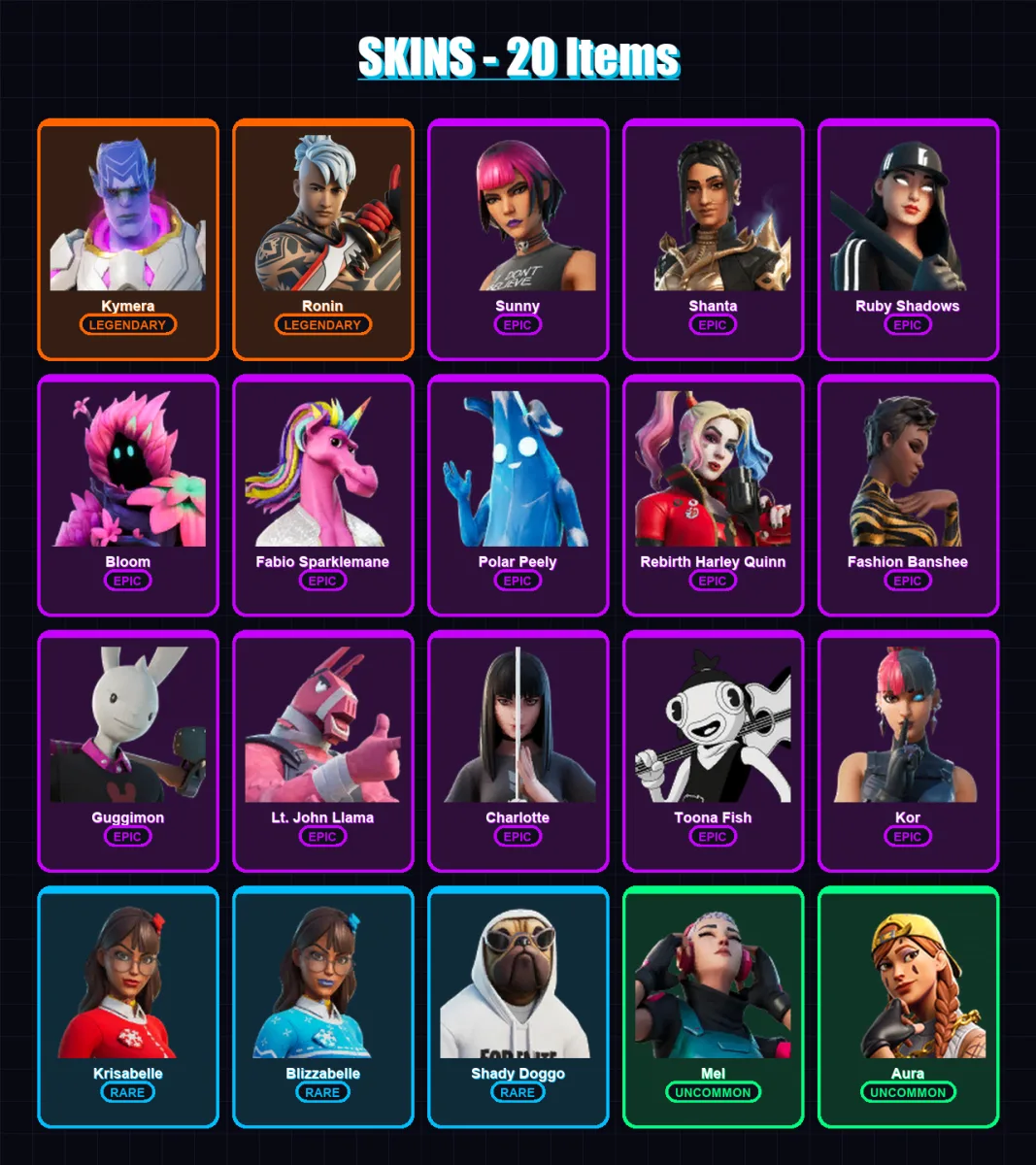 [PC/XBOX/PSN] | Kymera | Ronin | Sunny | Shanta | Ruby Shadows | 20 skin | 20 pickaxe | 17 emote | 18 glider | Lv194