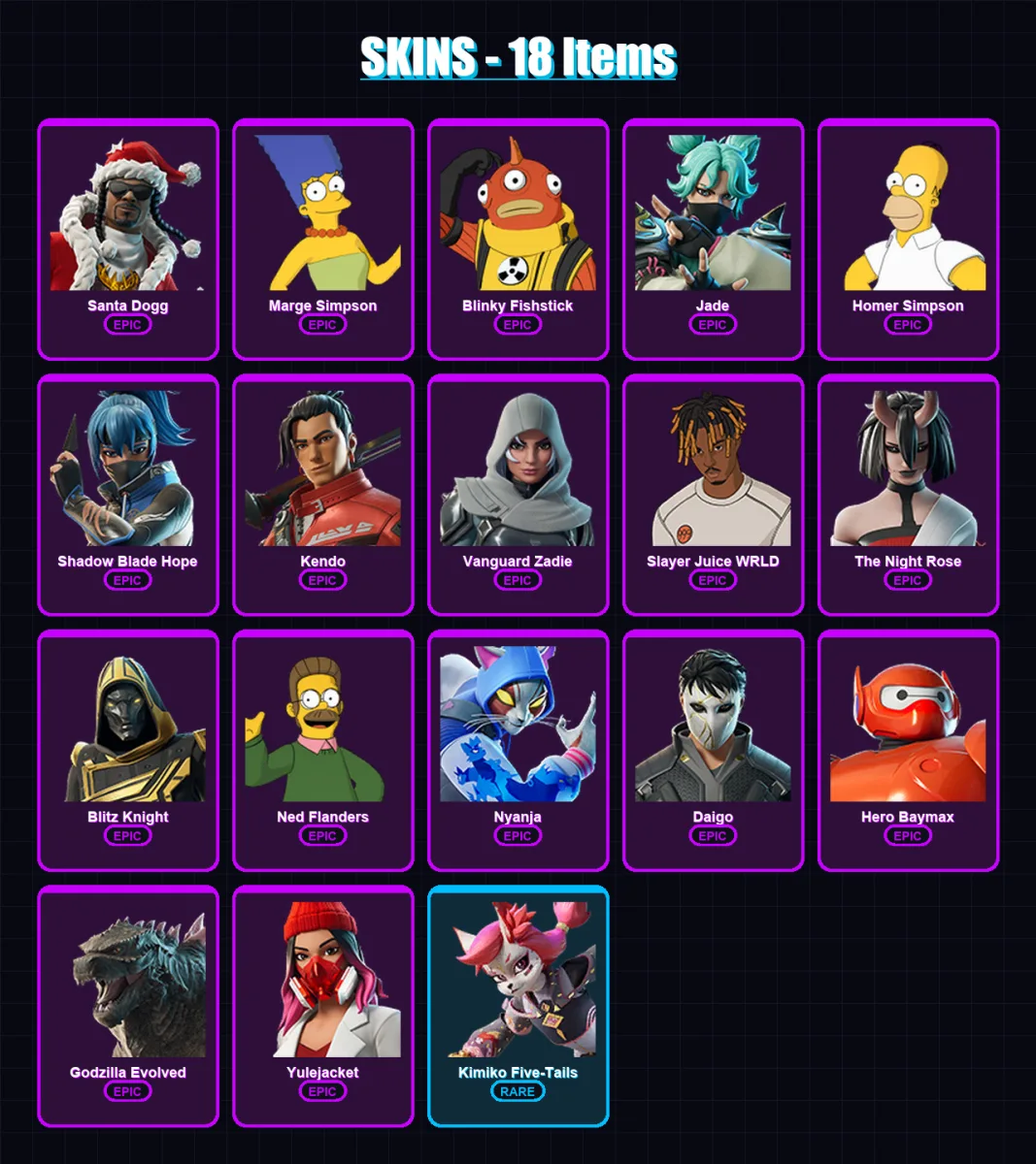 [PC/PSN] | Santa Dogg | Marge Simpson | Blinky Fishstick | Jade | Homer Simpson | 18 skin | 62 pickaxe | 30 emote | 40 glider | Lv657