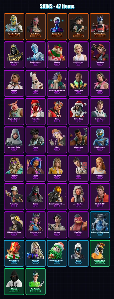 [PC/XBOX/PSN] | Spectra Knight | Kado Thorne | Galaxy Scout | Era | Optimus Prime | 47 skin | 134 pickaxe | 78 emote | 89 glider | Lv1981
