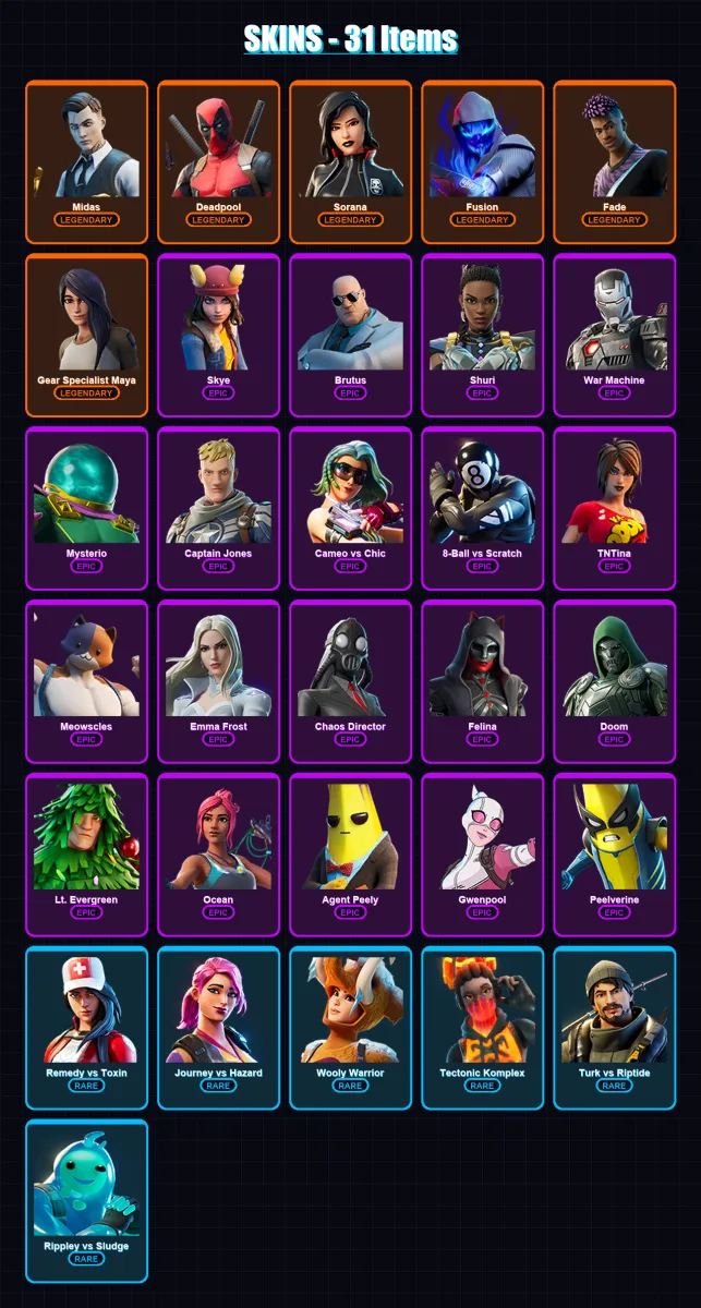 [PC/XBOX/PSN] | Midas | Deadpool | Sorana | Fusion | Fade | 31 skin | 58 pickaxe | 51 emote | 49 glider | Lv896