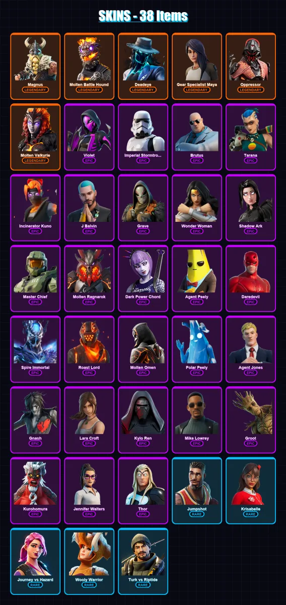 [PC] | Magnus | Molten Battle Hound | Deadeye | Gear Specialist Maya | Oppressor | 38 skin | 58 pickaxe | 40 emote | 39 glider | Lv400