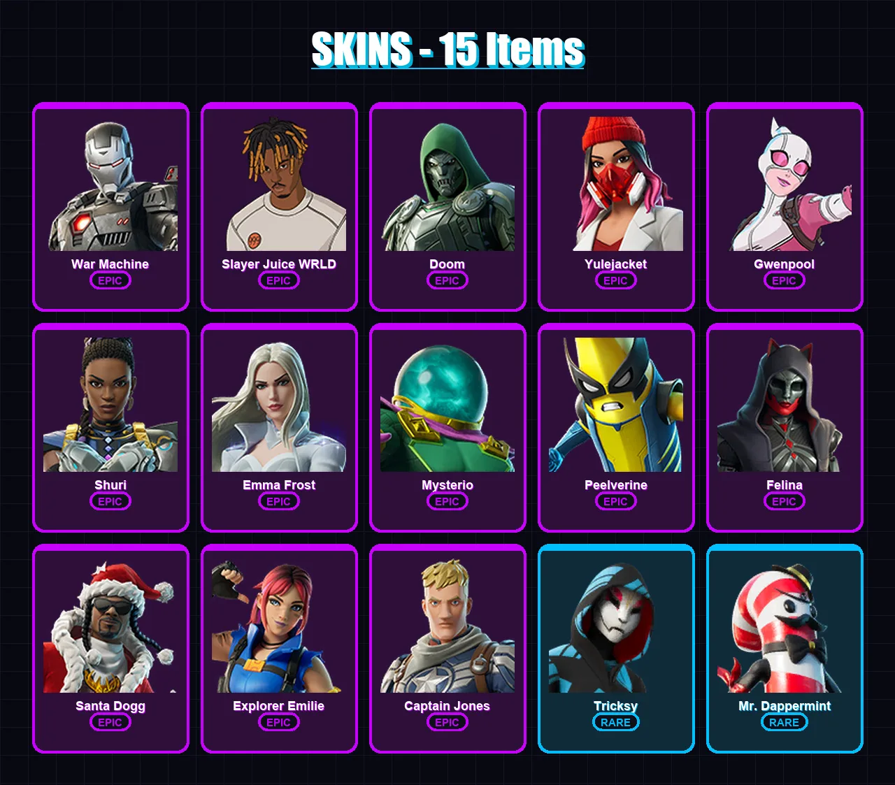 [PC/PSN] | War Machine | Slayer Juice WRLD | Doom | Yulejacket | Gwenpool | 15 skin | 37 pickaxe | 22 emote | 22 glider | Lv425