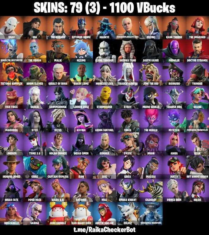 79 skins 1100 vbucks | The Ageless | Optimus Prime | Deadeye | Paradigm (Reality-659) | Mizuki All Platforms Mail Access Instant Delivery — Fortnite account