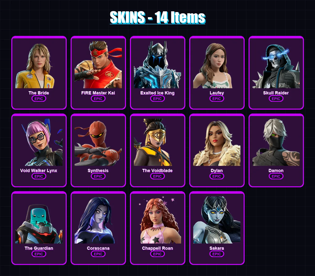[PC/PSN] | The Bride | FIRE Master Kai | Exalted Ice King | Laufey | Skull Raider | 14 skin | 7 pickaxe | 2 emote | 3 glider | Lv6