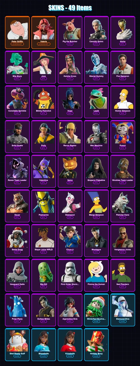 [PC/XBOX/PSN] | Peter Griffin | Valeria | Pig the Butcher | Cassidy Quinn | Nisha | 49 skin | 77 pickaxe | 47 emote | 59 glider | Lv733