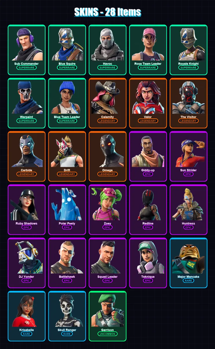 [SWITCH/XBOX/PC] | Sub Commander | Blue Squire | Havoc | Rose Team Leader | Royale Knight | 28 skin | 32 pickaxe | 40 emote | 37 glider | Lv454