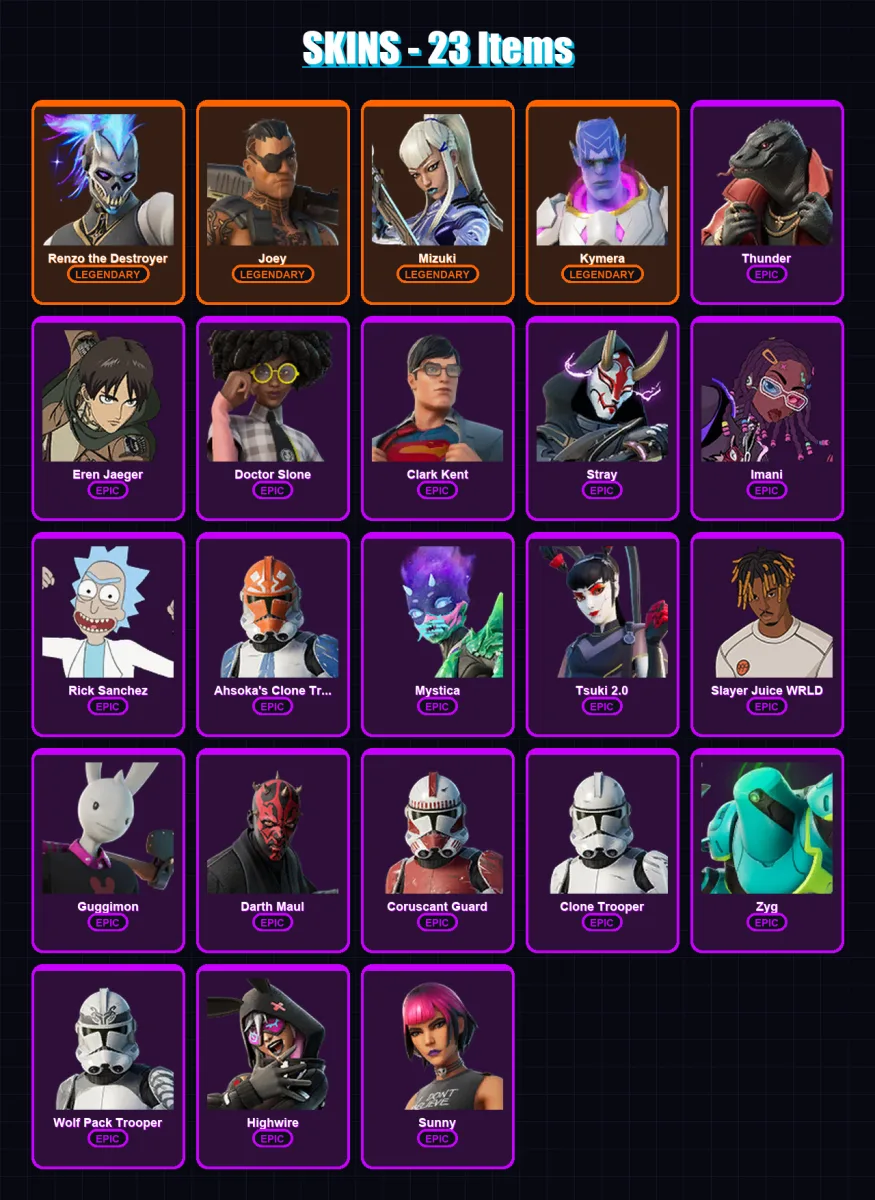 [PC/XBOX/PSN] | Renzo the Destroyer | Joey | Mizuki | Kymera | Thunder | 23 skin | 33 pickaxe | 29 emote | 31 glider | Lv555