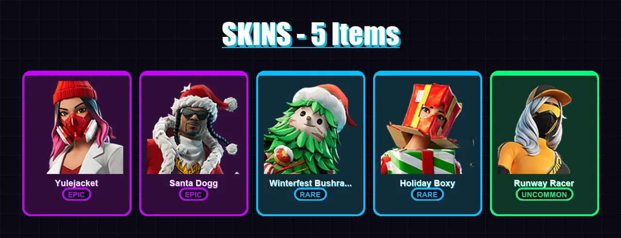 [PC/XBOX/PSN] | Yulejacket | Santa Dogg | Winterfest Bushranger | Holiday Boxy | Runway Racer | 5 skin | 40 pickaxe | 17 emote | 30 glider | Lv491