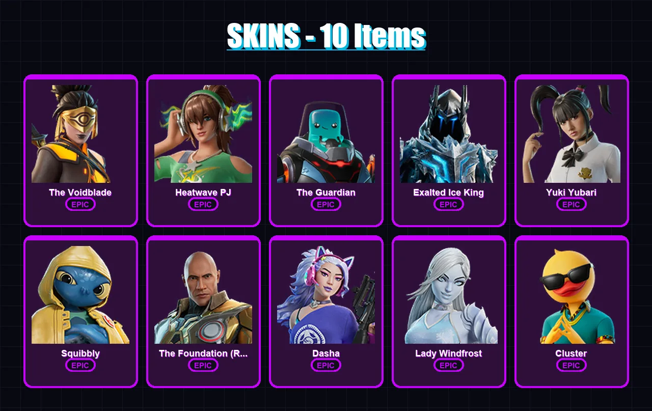 [PC/XBOX/PSN] | The Voidblade | Heatwave PJ | The Guardian | Exalted Ice King | Yuki Yubari | 10 skin | 21 pickaxe | 15 emote | 17 glider | Lv164