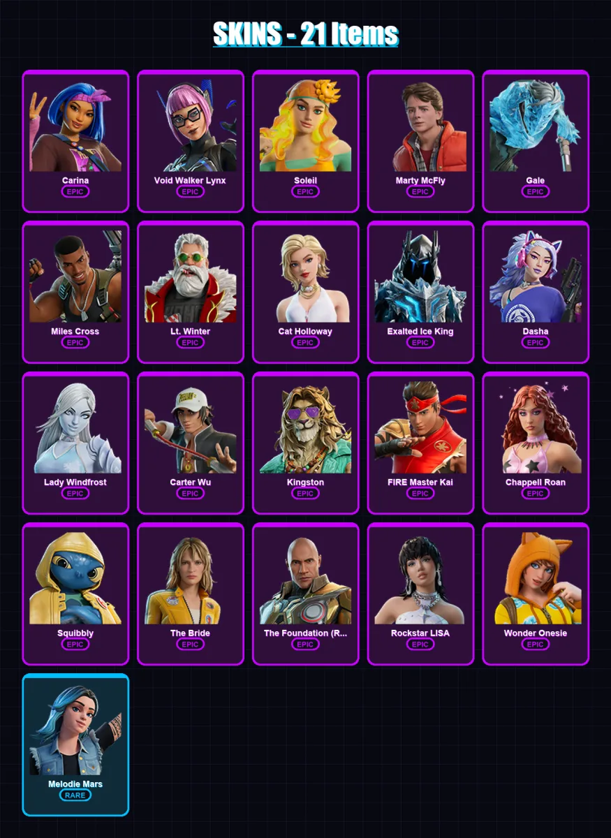 [PC/PSN] | Carina | Void Walker Lynx | Soleil | Marty McFly | Gale | 21 skin | 33 pickaxe | 24 emote | 20 glider | Lv158