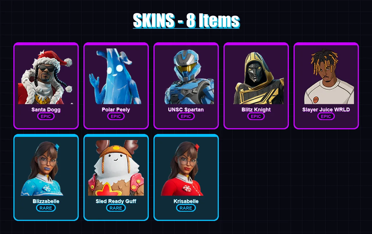 [PC/XBOX/PSN] | Santa Dogg | Polar Peely | UNSC Spartan | Blitz Knight | Slayer Juice WRLD | 8 skin | 88 pickaxe | 43 emote | 59 glider | Lv1083