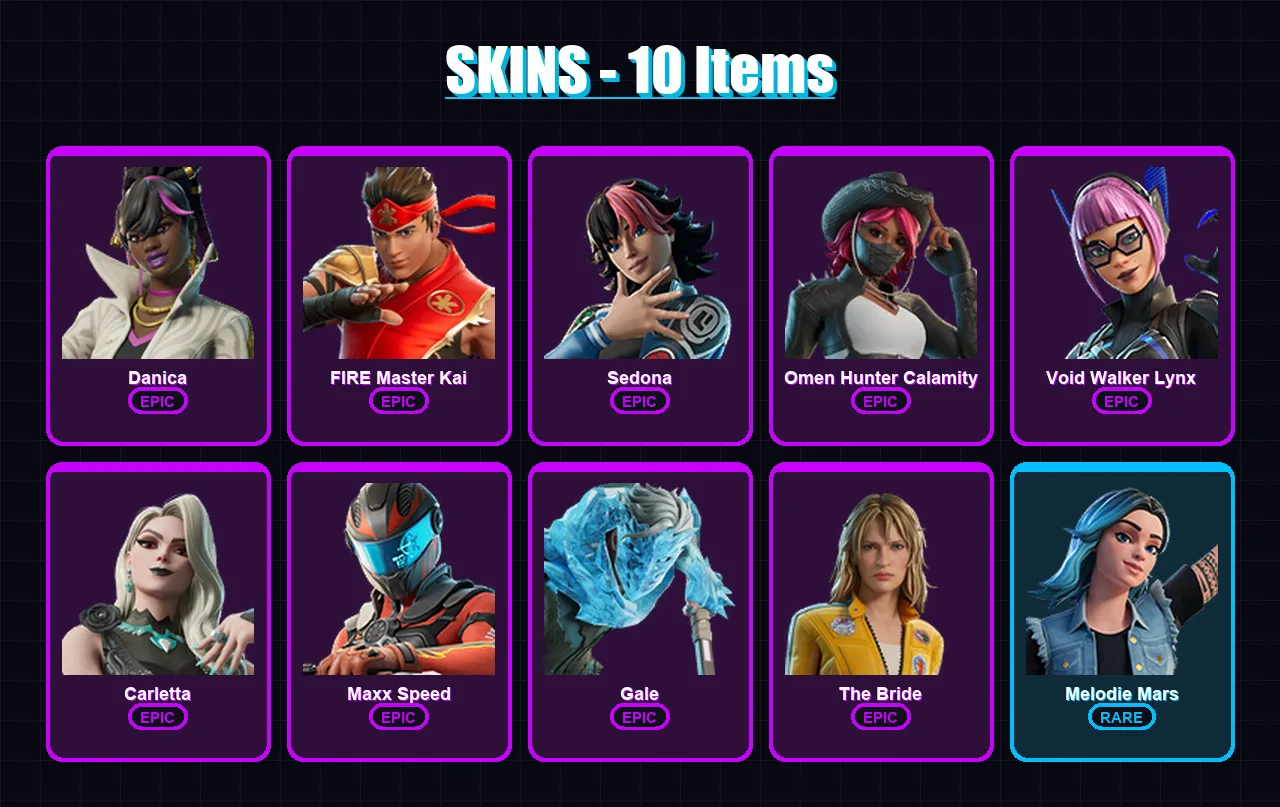[PC/PSN] | Danica | FIRE Master Kai | Sedona | Omen Hunter Calamity | Void Walker Lynx | 10 skin | 5 pickaxe | 2 emote | 1 glider | Lv9