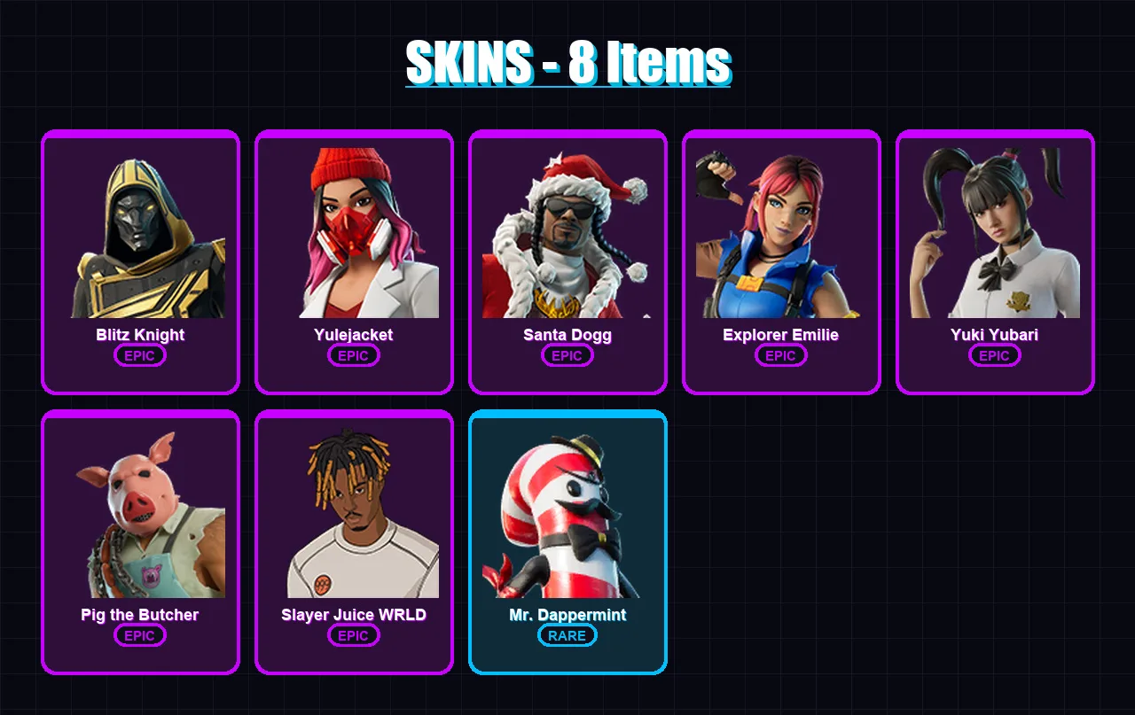 [PC/XBOX/PSN] | Blitz Knight | Yulejacket | Santa Dogg | Explorer Emilie | Yuki Yubari | 8 skin | 37 pickaxe | 15 emote | 23 glider | Lv343