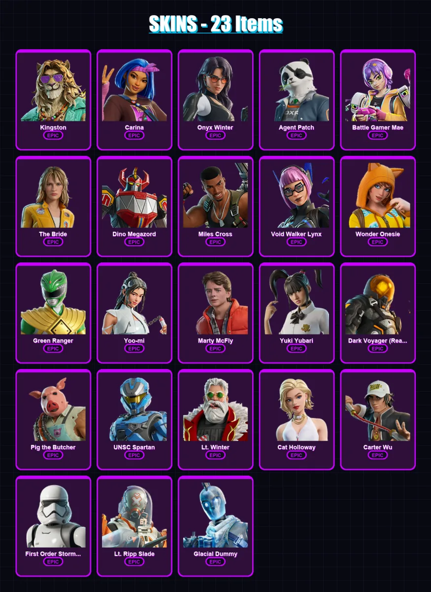[SWITCH/XBOX/PSN/PC] | Kingston | Carina | Onyx Winter | Agent Patch | Battle Gamer Mae | 23 skin | 77 pickaxe | 43 emote | 52 glider | Lv928