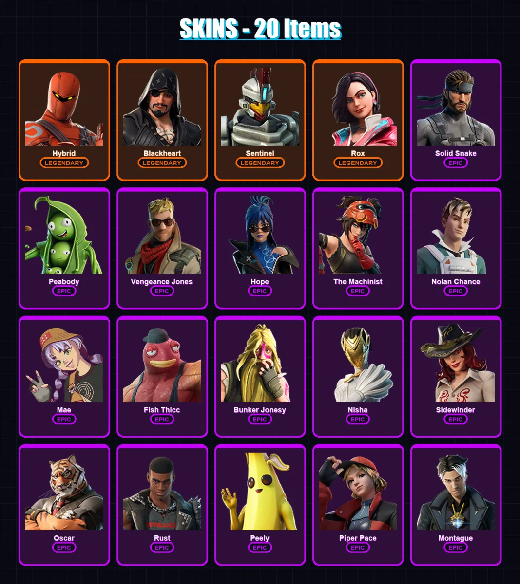 [PS4/PS5/XBOX/PC] | Hybrid | Blackheart | Sentinel | Rox | Solid Snake | 20 skin | 26 pickaxe | 24 emote | 33 glider | Lv441