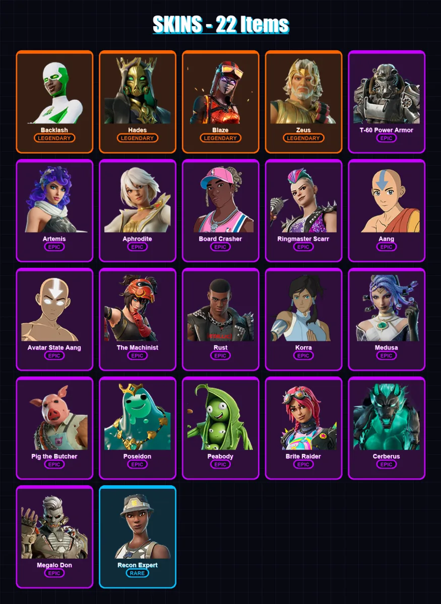[PC/XBOX/PSN] | Backlash | Hades | Blaze | Zeus | T-60 Power Armor | 22 skin | 45 pickaxe | 29 emote | 30 glider | Lv474 — Fortnite account