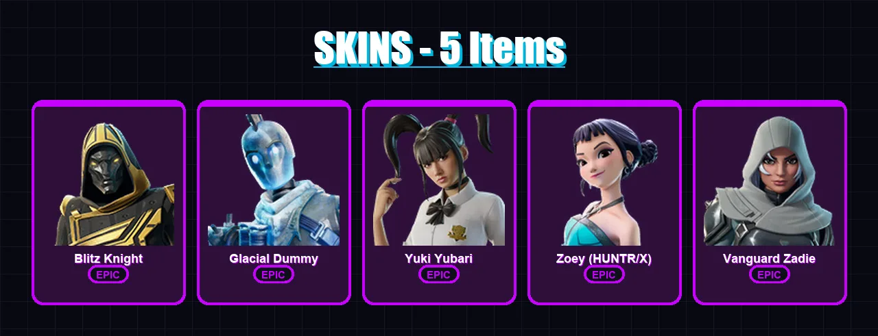 [PC/XBOX/PSN] | Blitz Knight | Glacial Dummy | Yuki Yubari | Zoey (HUNTR/X) | Vanguard Zadie | 5 skin | 46 pickaxe | 19 emote | 30 glider | Lv425