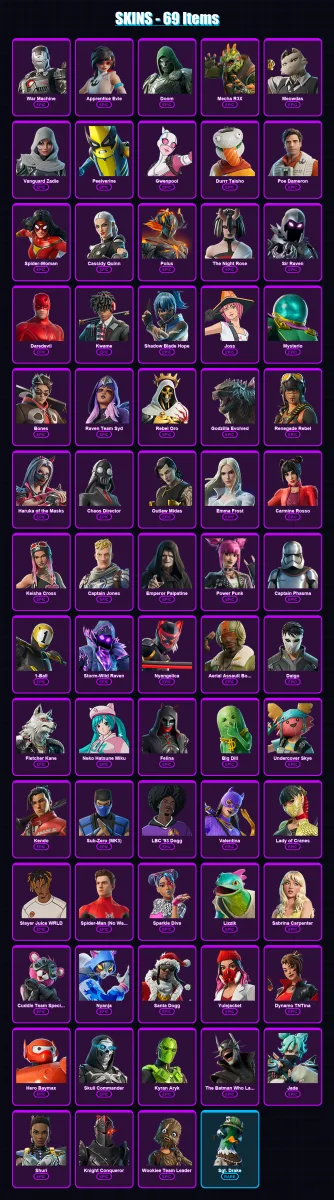 [SWITCH/XBOX/PSN/PC] | War Machine | Apprentice Evie | Doom | Mecha R3X | Meowdas | 69 skin | 89 pickaxe | 69 emote | 52 glider | Lv953