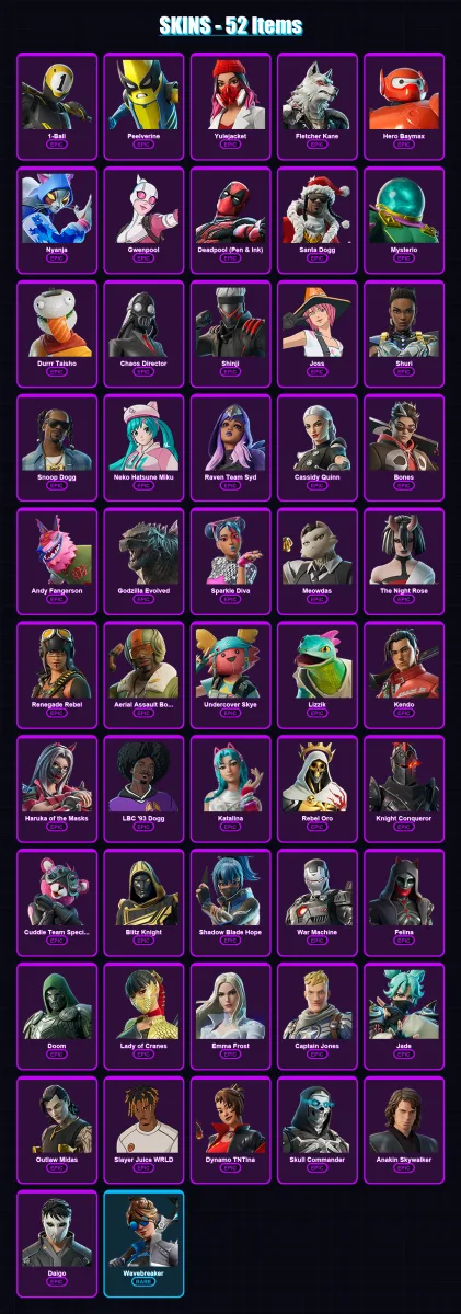 [PS4/PS5/XBOX/PC] | 1-Ball | Peelverine | Yulejacket | Fletcher Kane | Hero Baymax | 52 skin | 83 pickaxe | 52 emote | 55 glider | Lv818