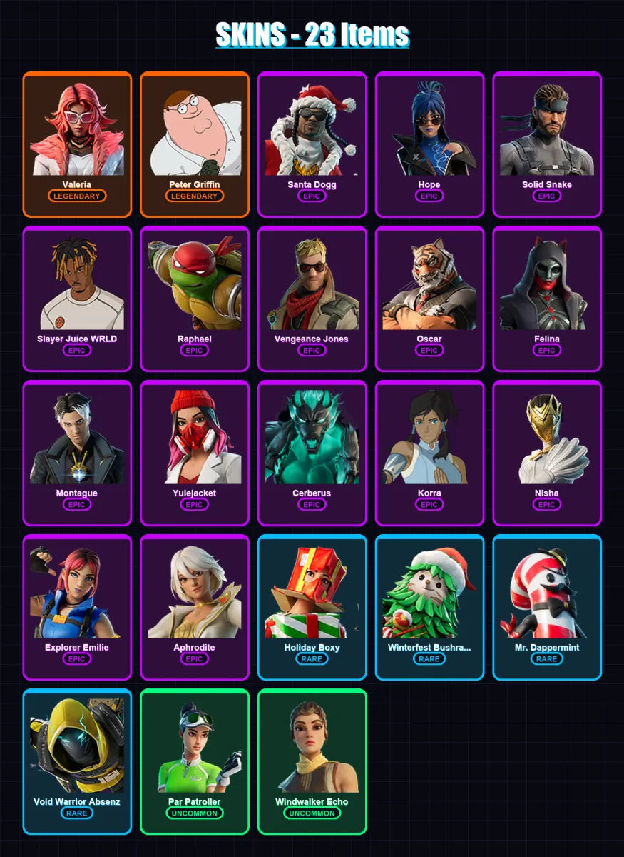 [PC/XBOX] | Valeria | Peter Griffin | Santa Dogg | Hope | Solid Snake | 23 skin | 37 pickaxe | 21 emote | 26 glider | Lv534